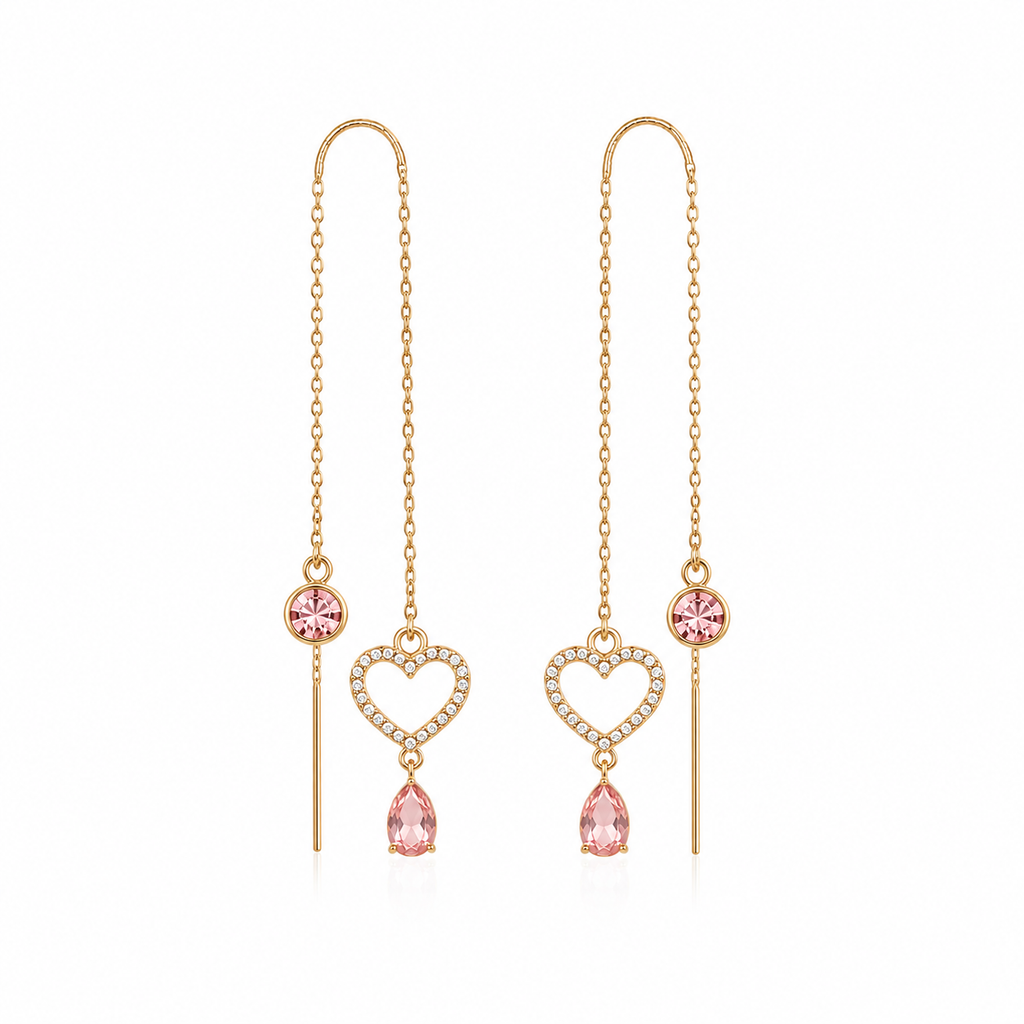 Orecchini pendenti in oro con cuore e cristalli rosa